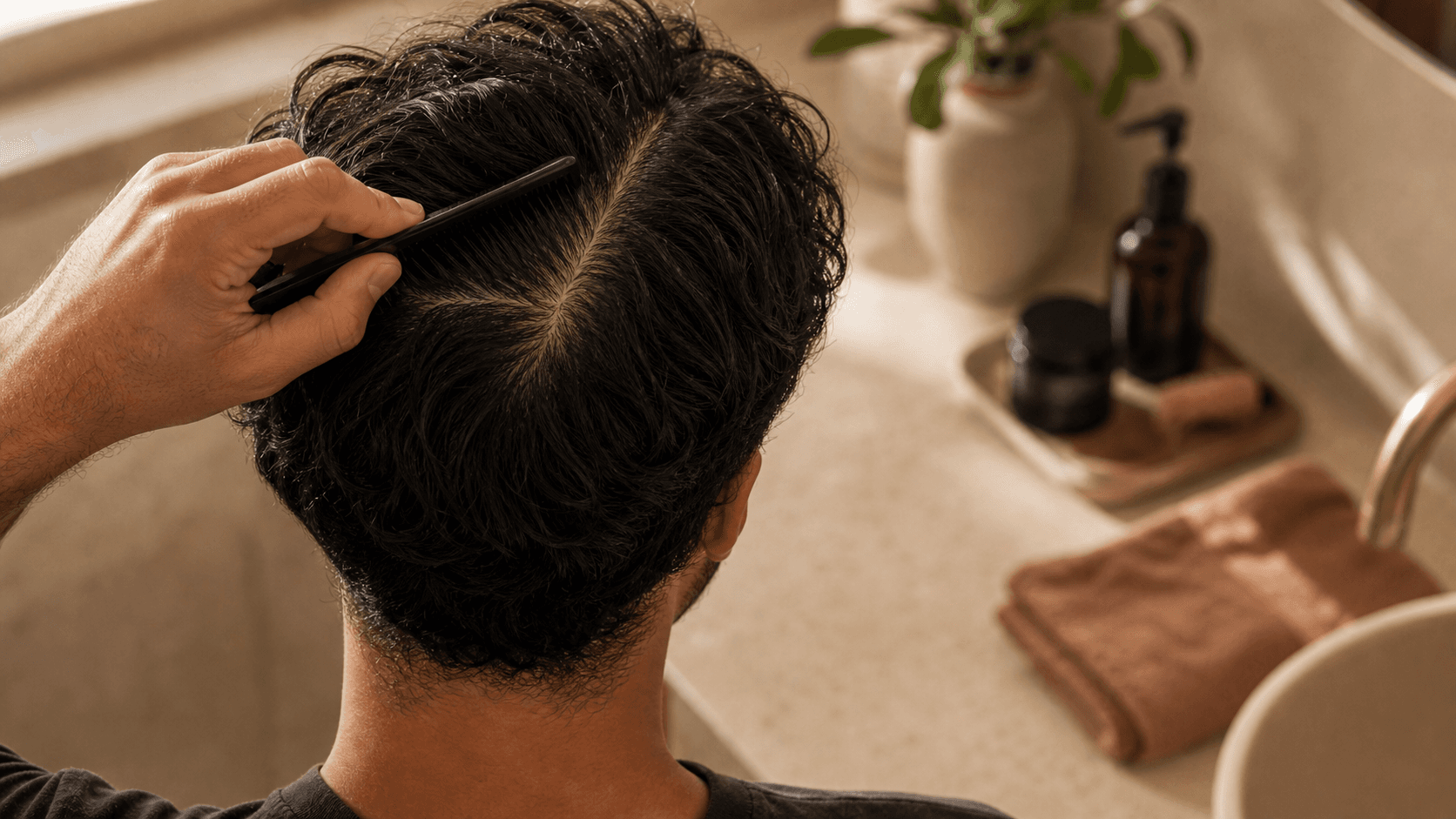 Person learning how to measure hair density at home by parting hair in a warm bathroom mirror scene