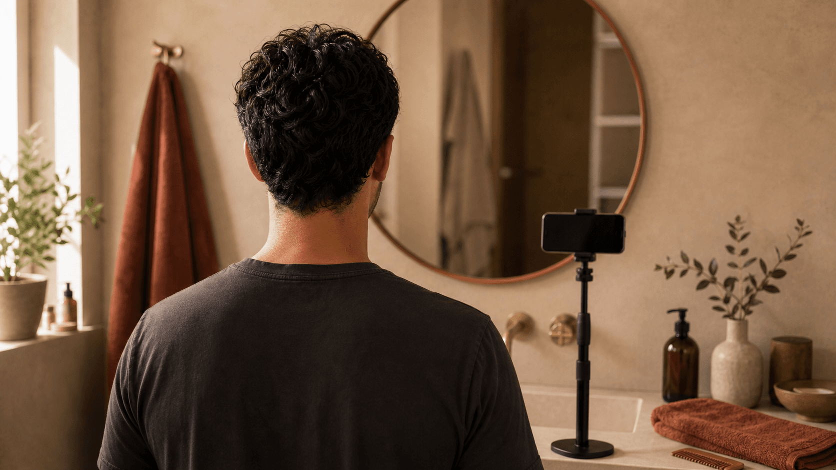 Person learning how to track hair loss progress at home with a phone camera in a warm bathroom mirror scene