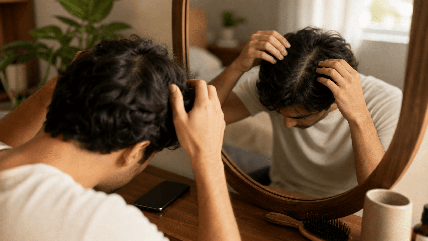 Person checking hair thinning not falling out by looking at part density in a warm mirror scene