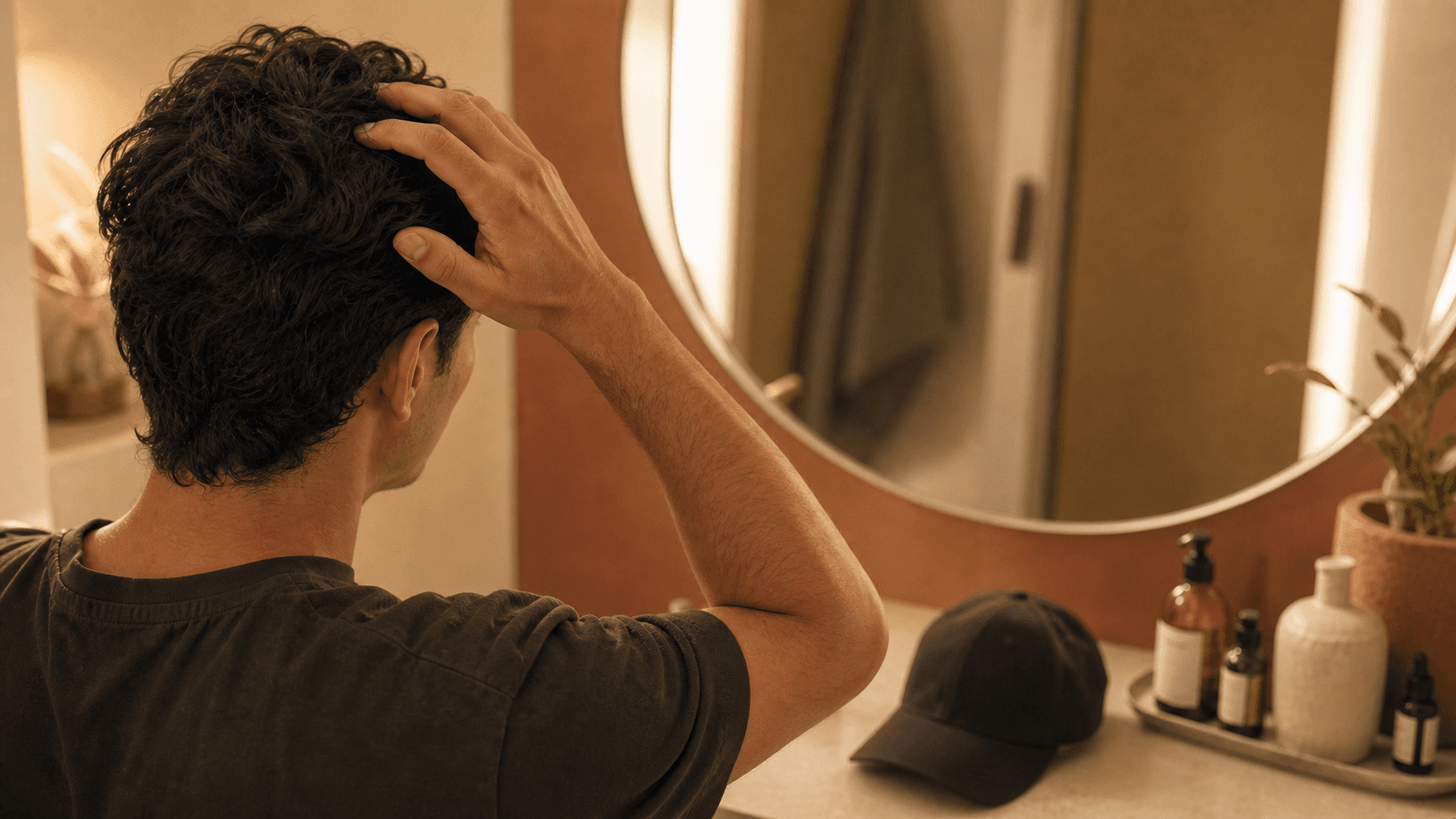 Person checking whether wearing a hat causes hair loss after removing a cap in a warm bathroom mirror scene