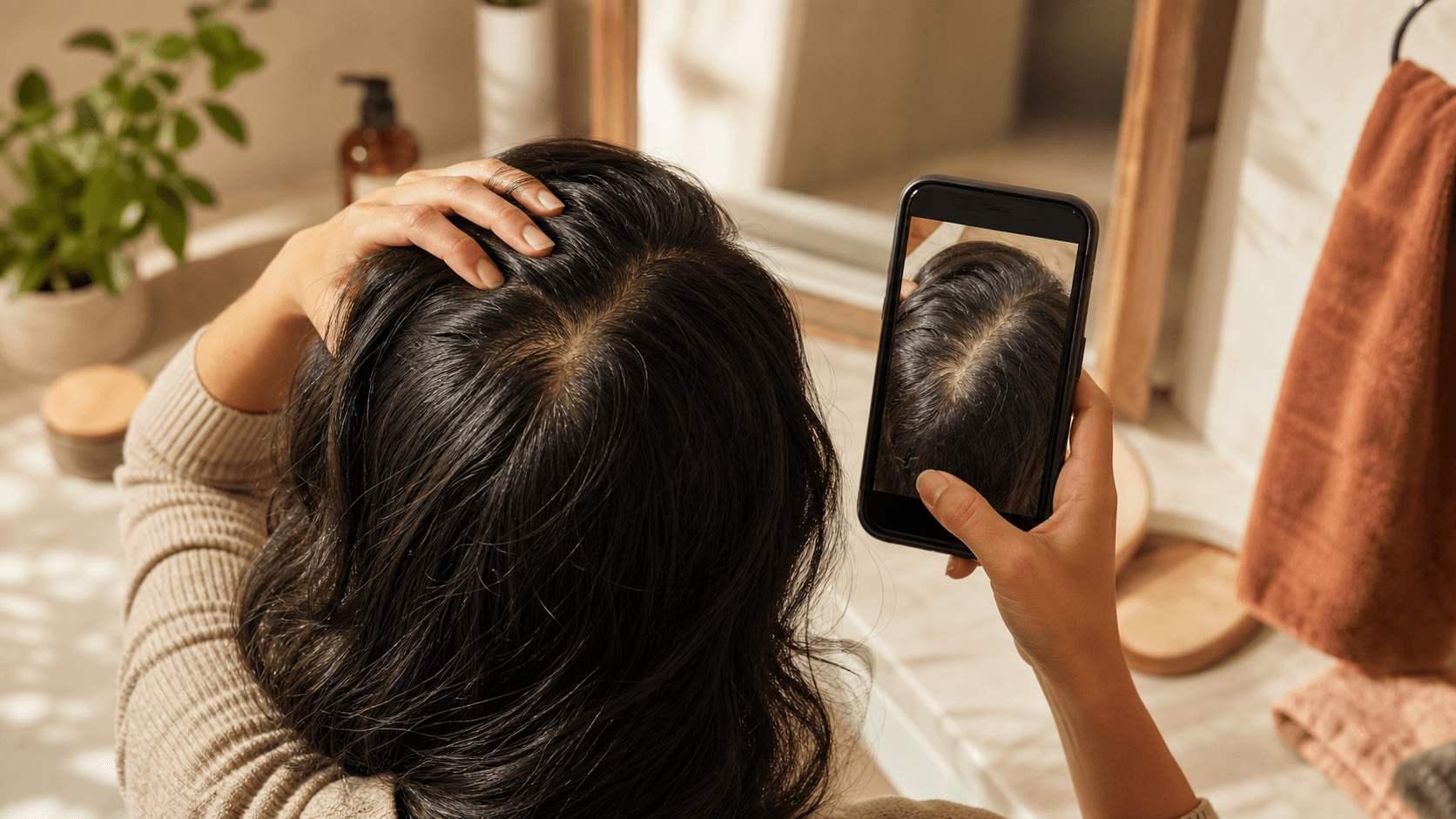 Person checking crown thinning or hair part changes with a phone camera in warm bathroom lighting