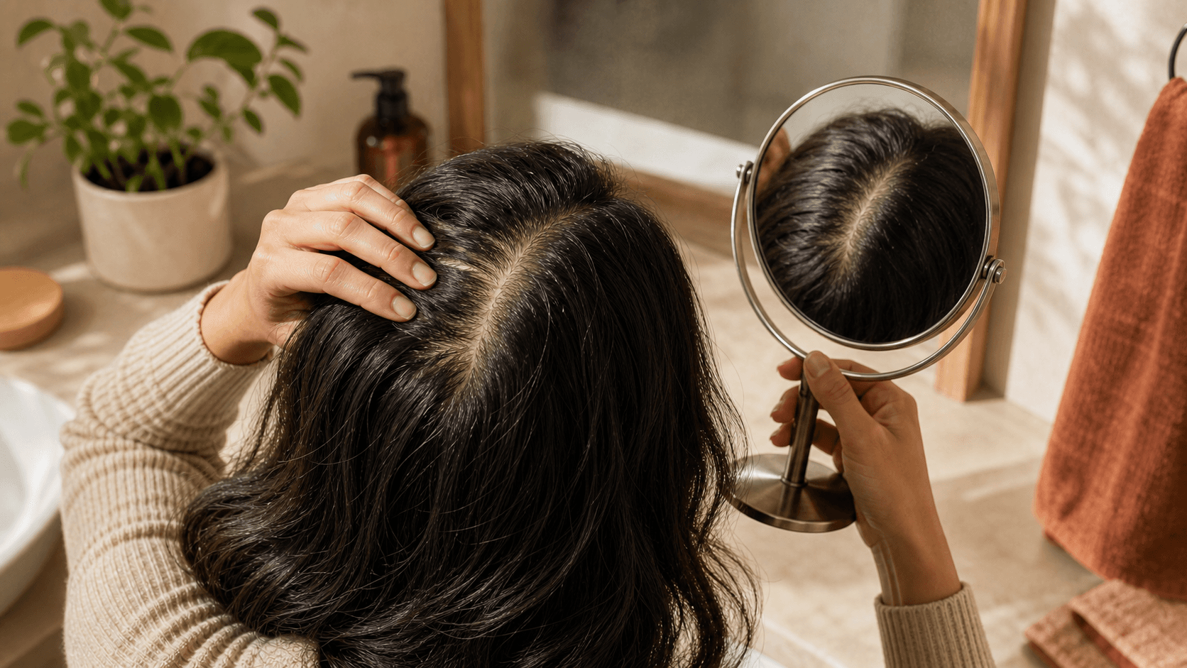 Person checking scalp showing through hair around the part line using a mirror in warm bathroom light